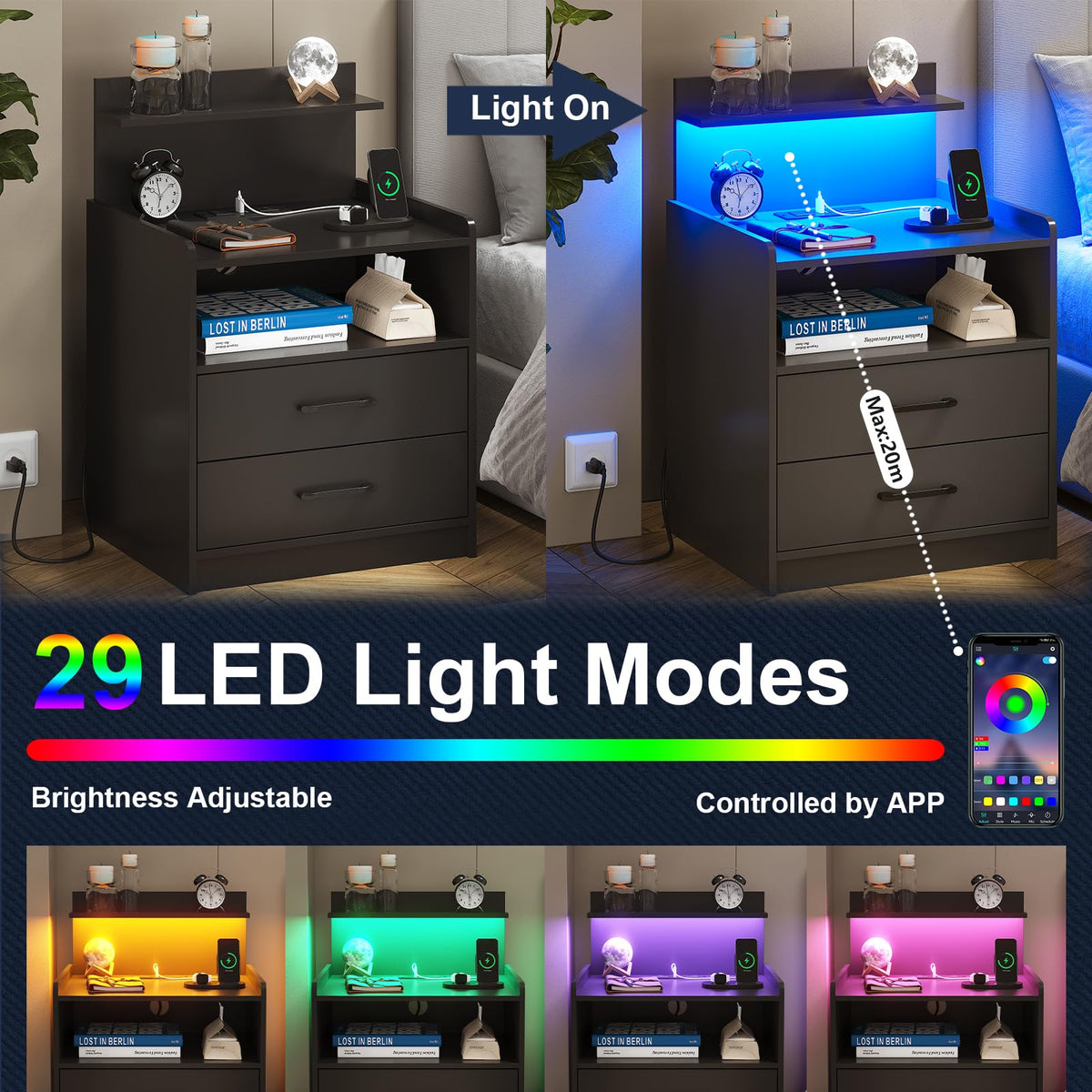 Black LED Nightstand with Charging Station and 2 Drawers G591563