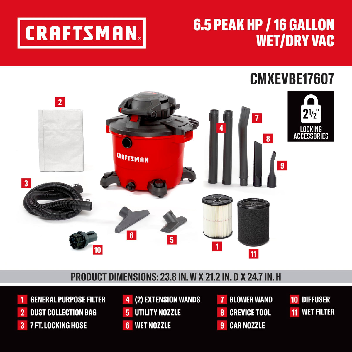 16 Gallon 6.5 Peak HP Wet Dry Vac with Detachable Blower Y1487