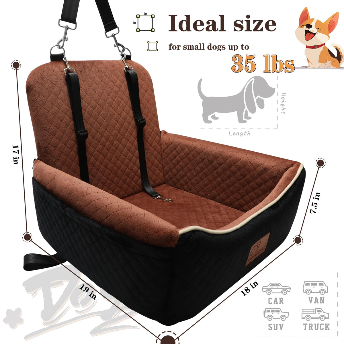 Dog Car Seat Bed 2 in 1 Memory Foam Removable Washable N67039