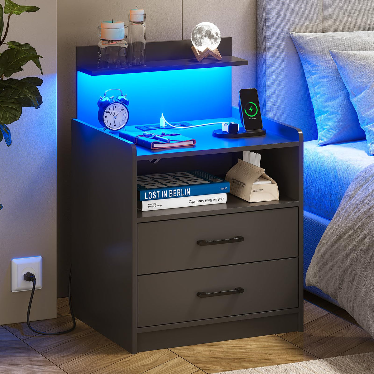 Black LED Nightstand with Charging Station and 2 Drawers G591563