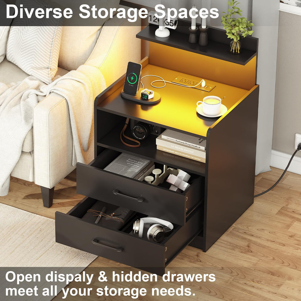Black LED Nightstand with Charging Station and 2 Drawers G591563