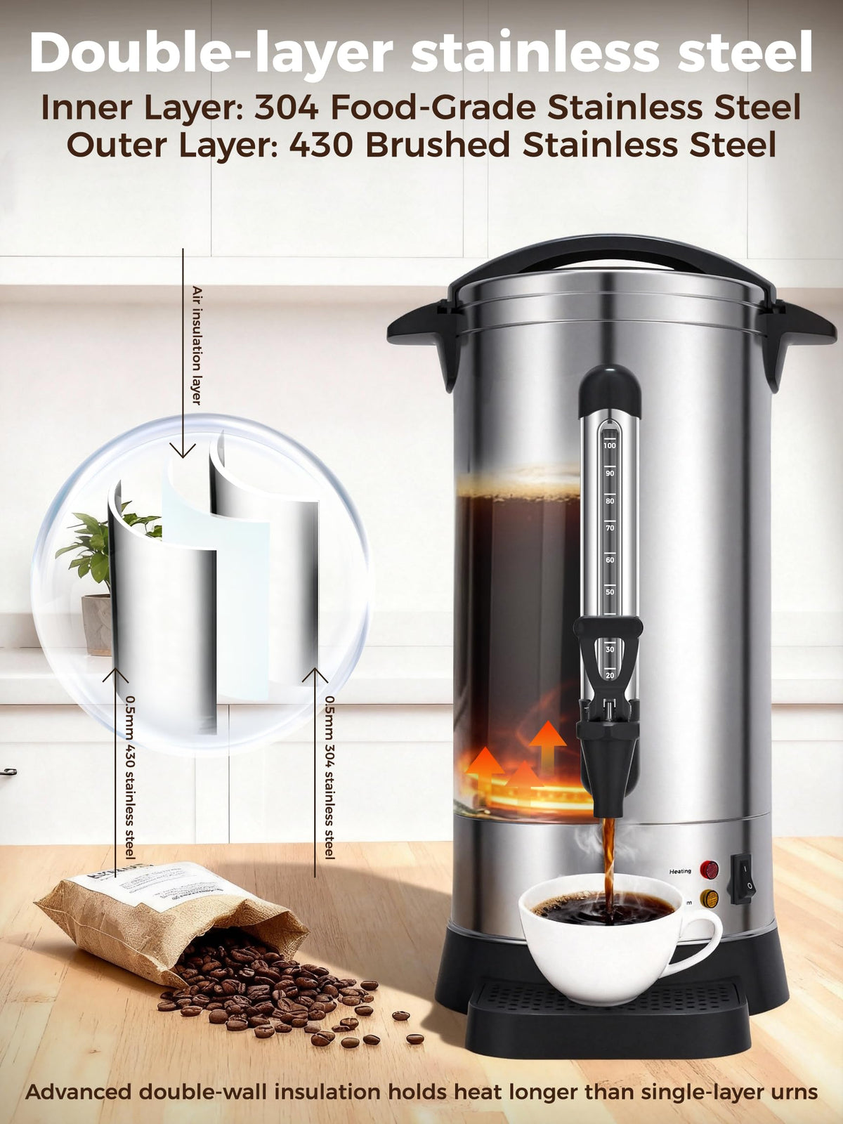 100-Cup Commercial Coffee Urn 15L Stainless Steel Percolator S86723