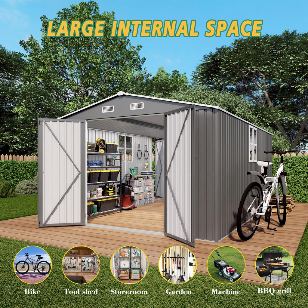 10x14x6.7FT Galvanized Steel Outdoor Storage Shed with Lockable Door & Window F23066