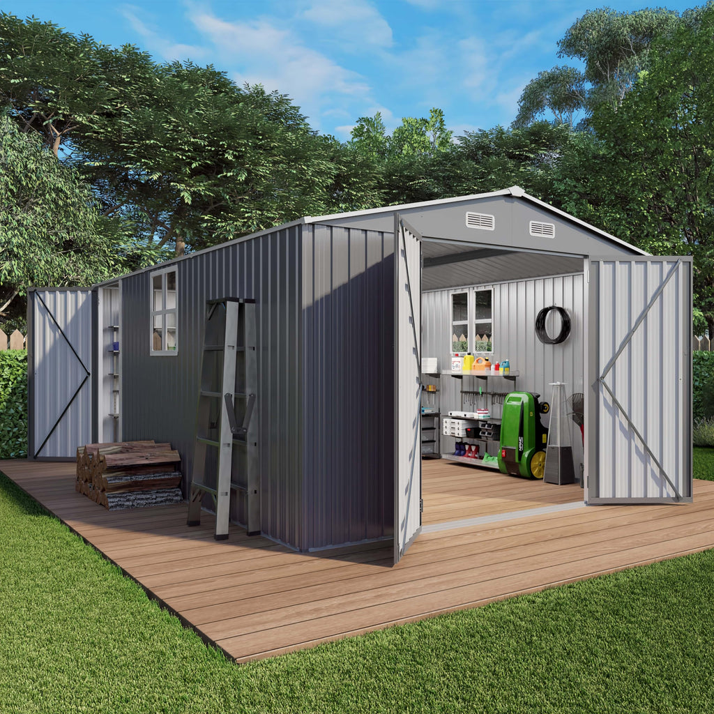 10x14x6.7FT Galvanized Steel Outdoor Storage Shed with Lockable Door & Window F23066