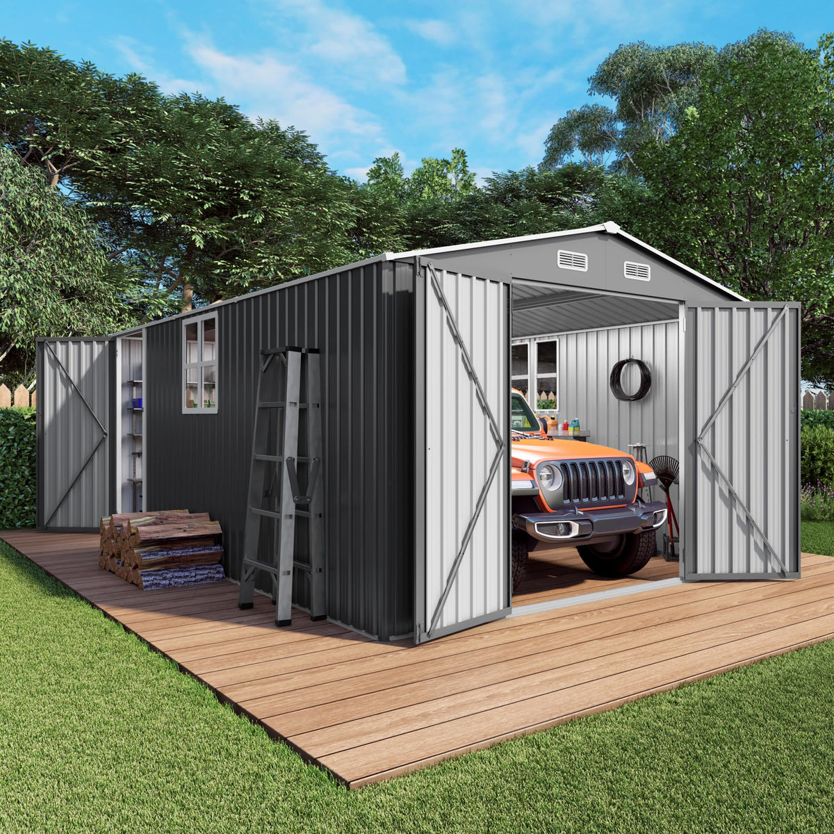 10x14x6.7FT Galvanized Steel Outdoor Storage Shed with Lockable Door & Window F23066