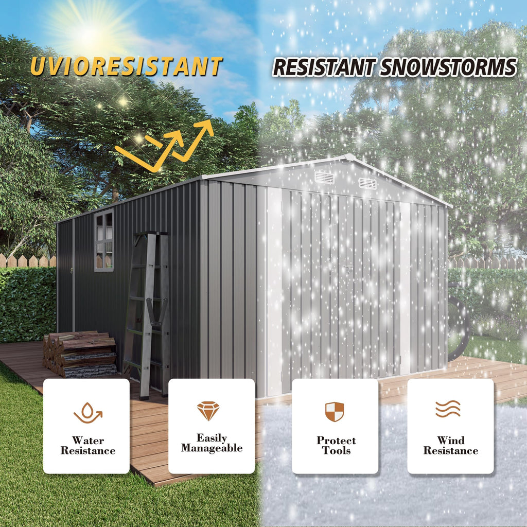 10x14x6.7FT Galvanized Steel Outdoor Storage Shed with Lockable Door & Window F23066