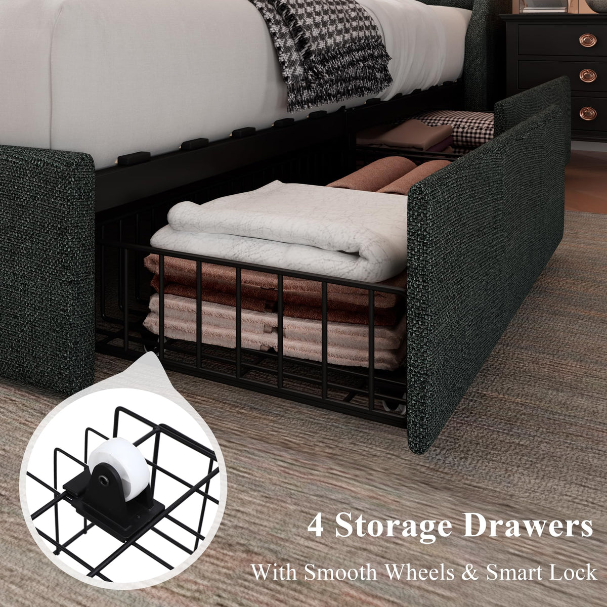Queen Bed Frame with 4 Storage Drawers Upholstered Dark Grey O5617