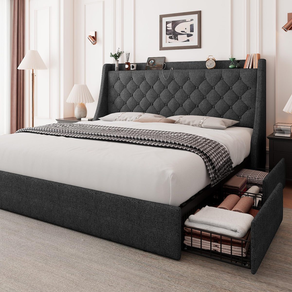Queen Bed Frame with 4 Storage Drawers Upholstered Dark Grey O5617