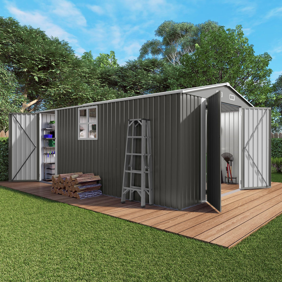 10x14x6.7FT Galvanized Steel Outdoor Storage Shed with Lockable Door & Window F23066