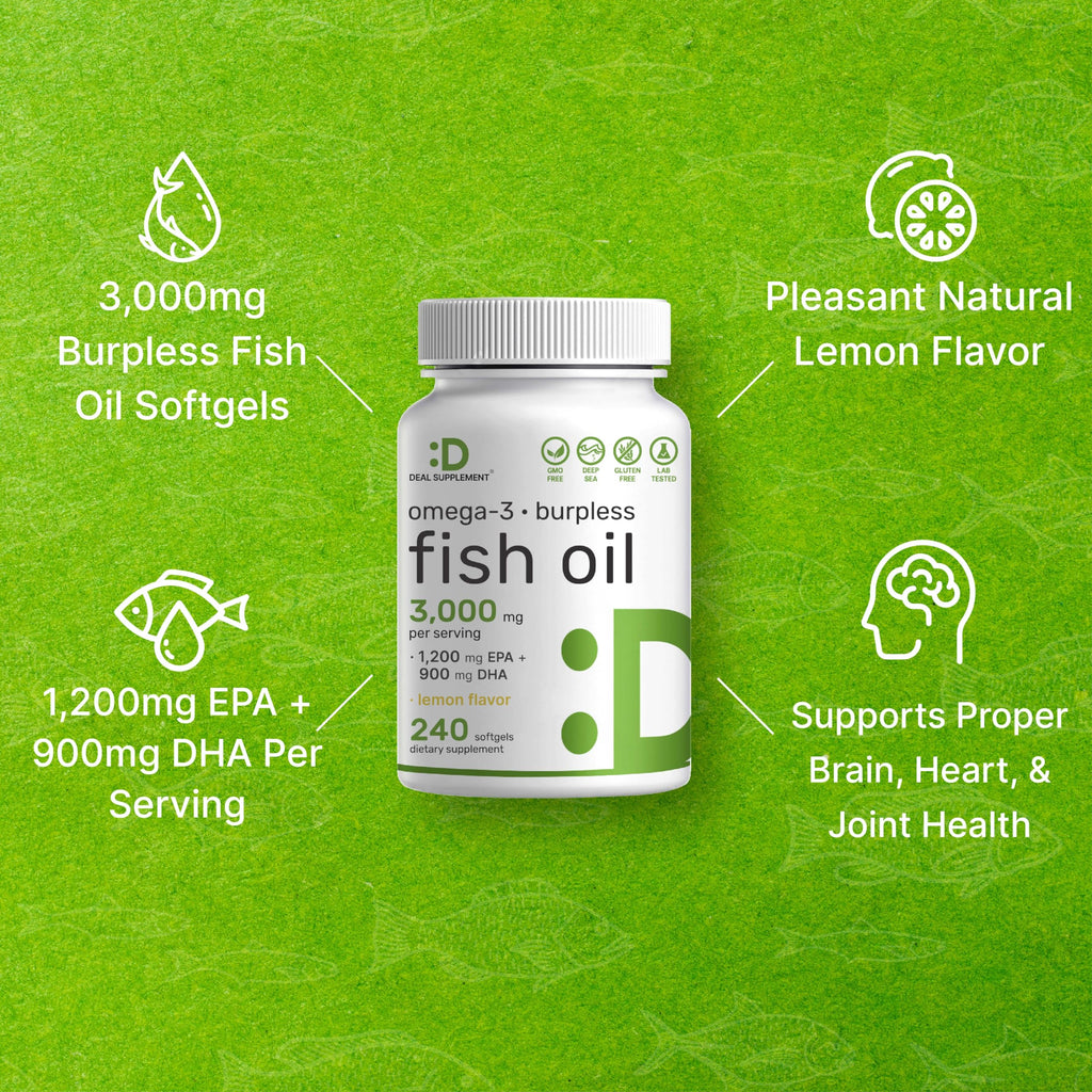 Omega 3 Fish Oil 3,000mg 240 Softgels EPA DHA Lemon Flavored Z14970
